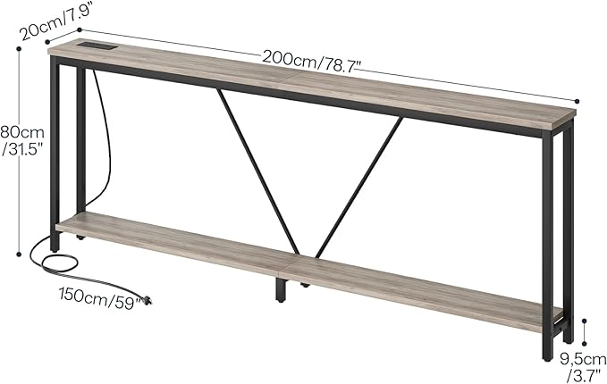 HOOBRO 78.7" Extra Long Sofa Console Table with Charging Station, 2-Tier Behind Couch Table with V-Brace, for Narrow Entryway, Hallway, Living Room, Greige BG206UXG01