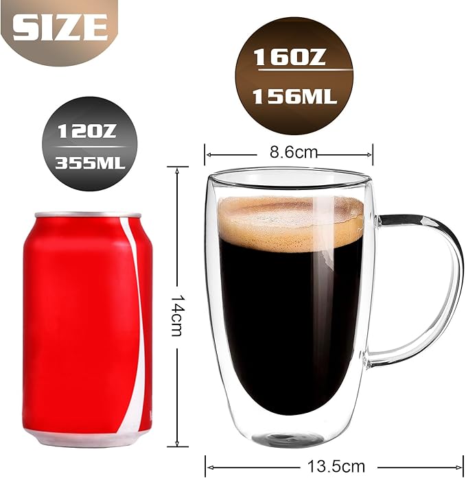 Clear Glass Double Wall Insulated Round Coffee Mugs Set of 6 Pieces - Large Size 16oz Best Reusable Coffee Mug for Home Cafe Restaurant Perfect for Espresso Capucinno Lungo Latte Coffee