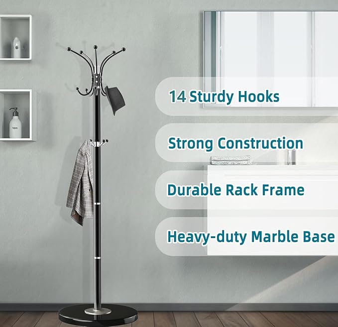 Coat Rack with Natural Marble Base, Metal Freestanding Coat Racks with 14 Hooks, 360°Rotary Coat Rack Stand for Hanging Scarf, Bag, Jacket, Black Coat Tree Hanger Holder Stand