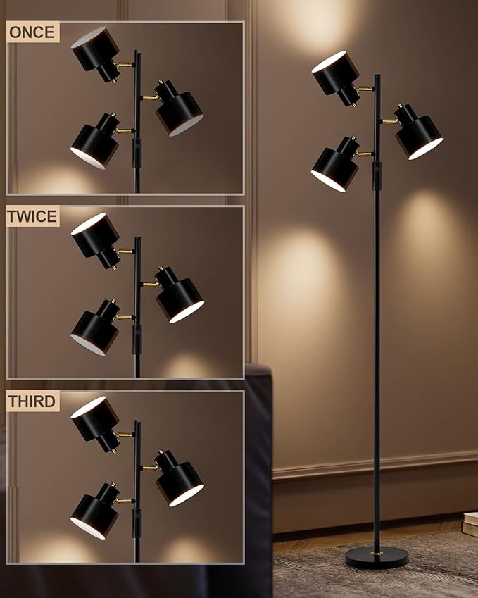 OYEARS Floor Lamp for Living Room Bright Lighting Tall Modern Industrial Vintage Standing Corner Lamps LED Metal Light Office Bedroom Study Gold Black Cream Matte Accent (3-Light, Black)