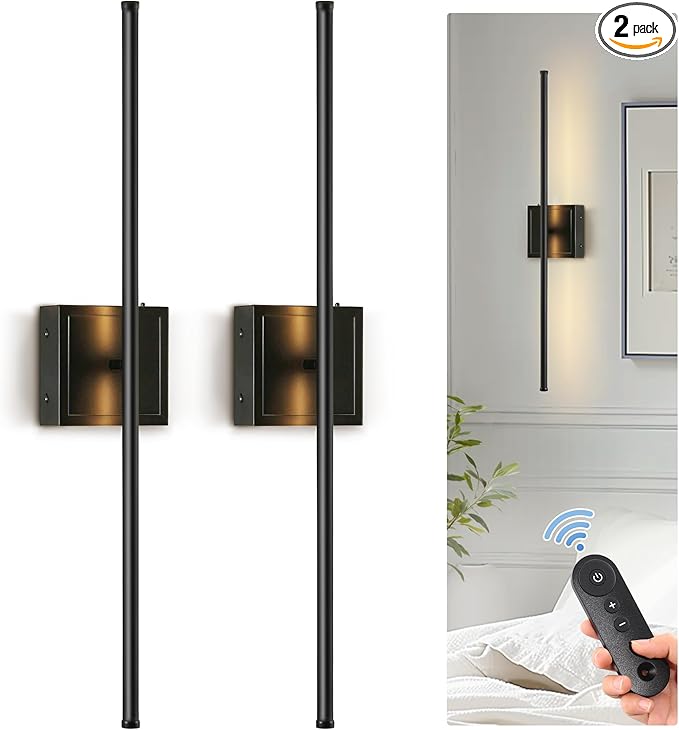 DORESshop Battery Operated Wall Sconces Set of Two with Remote Control, Rechargeable Wall Sconce, 350°Rotate Dimmable Wireless Wall Sconce for Living Room, Hallway, Bedroom, 28.1 Inch, Black(2 Pack)