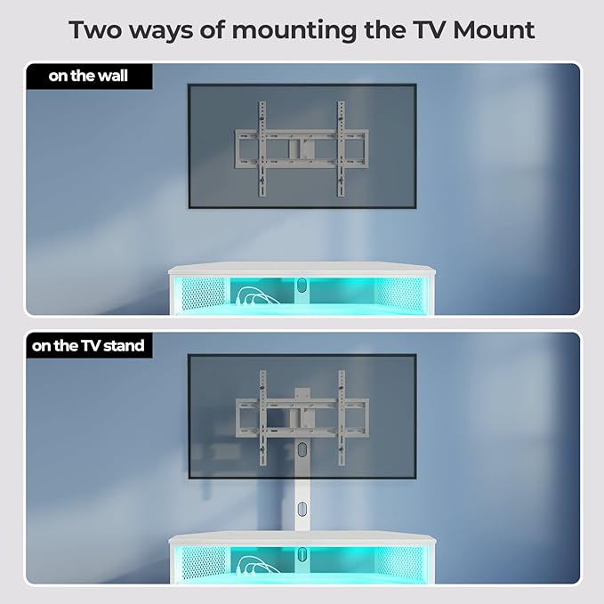 Rolanstar TV Stand with Mount and Power Outlet, Swivel TV Stand with LED Lights for 32/45/55/60/65/70 inch TVs, White Entertainment Center Media Console with Height Adjustable Mount