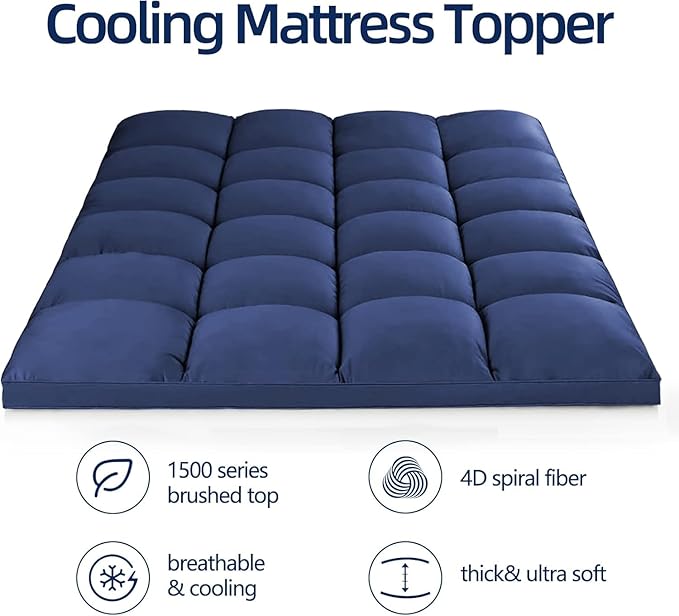 Mattress Topper King for Back Pain, Extra Thick Mattress Pad Cover, Plush Pillow Top, Deep Elastic Pocket, Navy