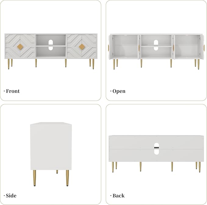 HLR 63'' White TV Stand for 65/70/75 inch TV, Entertainment Center with Storage Cabinets and Embossed Pattern Doors, Mid Century Modern Media TV Console Table for Living Room Bedroom