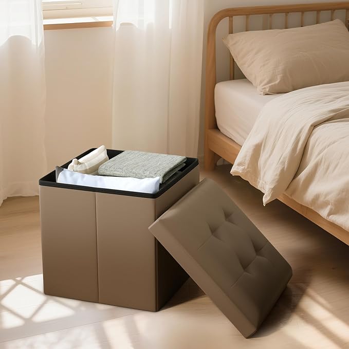 Storage Ottoman Bench, 15 Inch Ottoman Foot Rest, End of Bed Bench, Storage Chest, Load 700 lb, for Living Room, Bedroom, Entryway, Brown