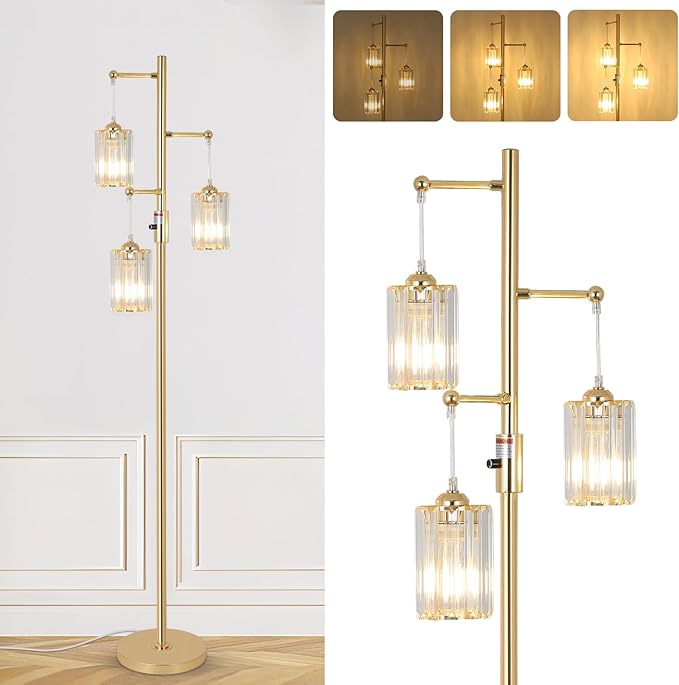 Gold Crystal Floor Lamps for Living Room, Dimmable 3 Lights Modern Standing Lamp with Crystal Shade, Dimmer Switch, 65" Industrial Tall Tree Lamp, Vintage Brass Corner Lamp for Bedroom