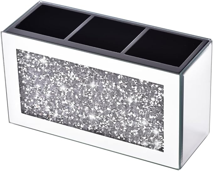 Crystal Crushed Diamond Silver Makeup Brush Holder Organizer, 3 Slot Mirrored Cosmetics Brushes Storage Case, Cute Pen and Pencil Glass Holder, Eyeliners Display Case