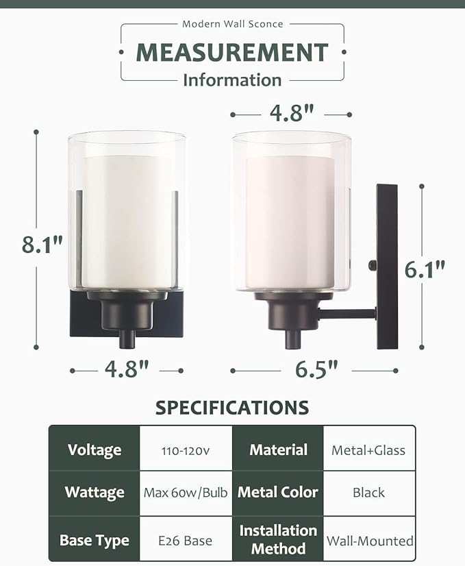 3 Pack Bath Vanity Light Fixtures 1-Light, Indoor Black Wall Light with Dual Glass Shade, Farmhouse Bathroom Wall Scone