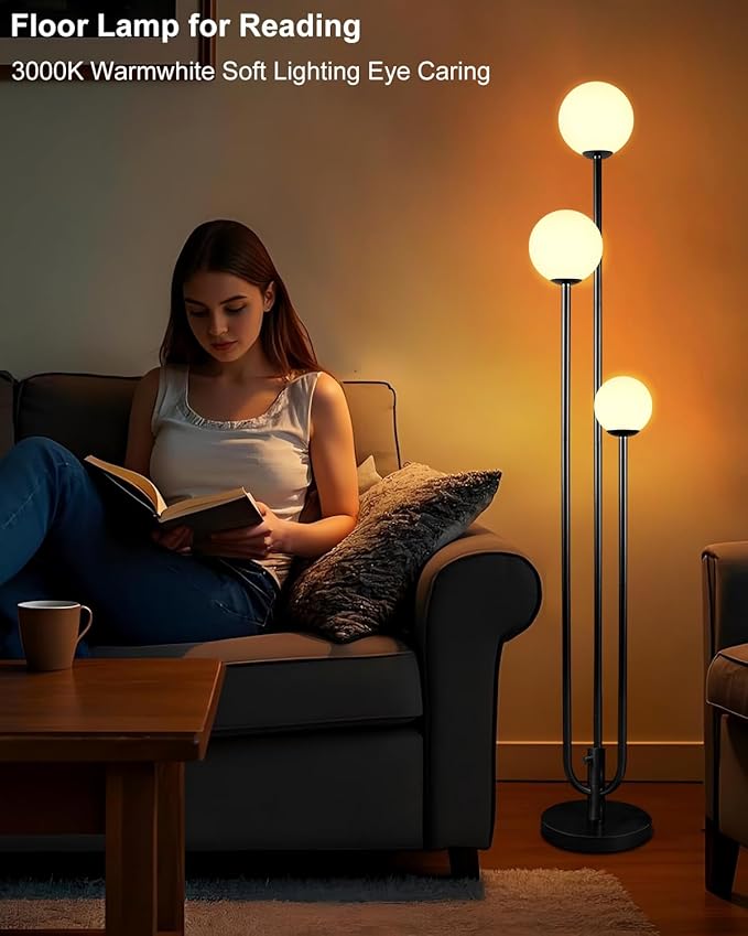 Lightdot 63IN Black Floor Lamp Dimmable with Candle Holder Style Mid Century Standing Lamps with 3 3000K Soft Warm White Bulbs Included, Modern Globe Floor Lamp for Living Room/Wedding