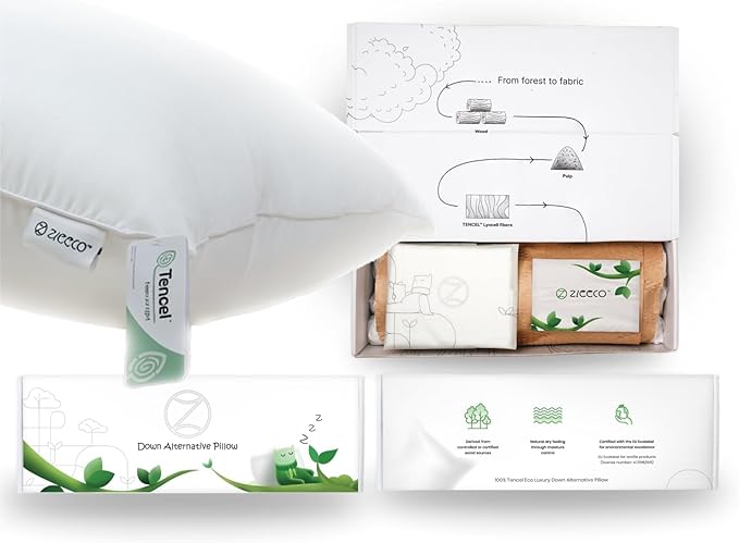 100% Tencel™ Lyocell Pillow & Pillowcase Set, Organic, Non Toxic, Hypoallergenic, Moisture-Wicking, Fluffy Pillows for Bed, Eucalyptus Fiber Cooling, Soft, 700 Fill Power - Standard - 20X26