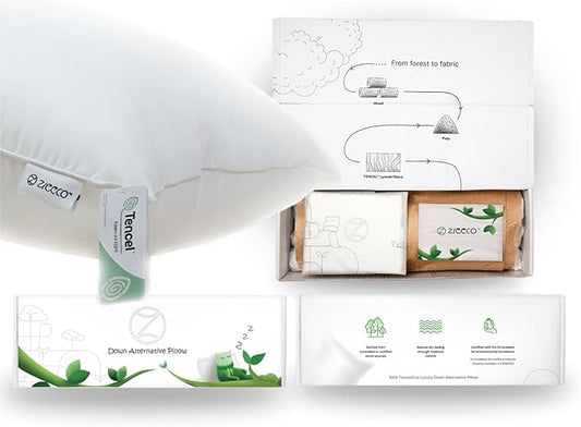 100% Tencel™ Lyocell Pillow & Pillowcase Set, Organic, Non Toxic, Hypoallergenic, Moisture-Wicking, Fluffy Pillows for Bed, Eucalyptus Fiber Cooling, Soft, 700 Fill Power - Standard - 20X26