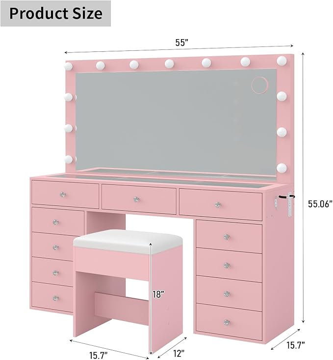 11 Drawers Makeup Vanity with Charging Station, Vanity Desk with 13 LED Bulbs and HD Mirror, 3 Color Brightness Adjustable, Glass Top Vanity Set for Bedroom, Pink