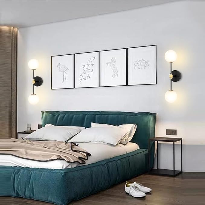 Modern Wall Sconce 2-Lights Industrial Mid Century Bathroom Vanity Wall Light with White Globe Glass Shade Gold & Black Finished Lighting Fixture