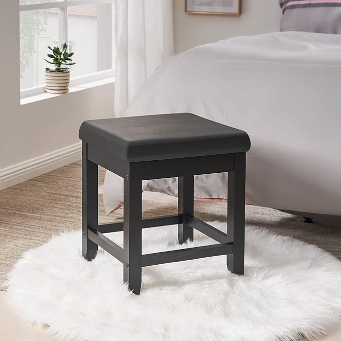 BEWISHOME Vanity Stool, Bedroom Vanity Chair with Upholstered Seat, Desk & Piano Stool Soft Cushioned Seat, Square 18” Height Makeup Bench, Vanity Bench Capacity 300lb Black FSD06H
