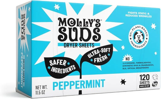 Molly's Suds Fabric Softener Dryer Sheets for Sensitive Skin | Plant-Based Static Reducer, Plastic-Free Packaging | Peppermint (120 Sheets)