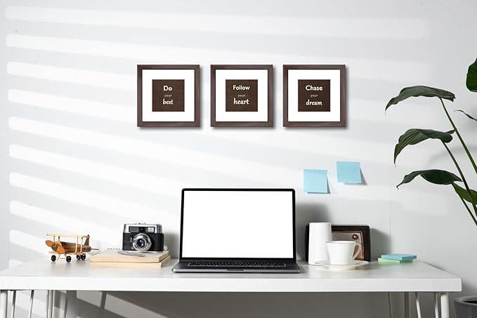 8x8 Picture Frame Set of 3 with Real Glass for Pictures 5x5 with Mat or 8x8 Without Mat, Wall Mounting or Tabletop display Photo Frames in Walnut