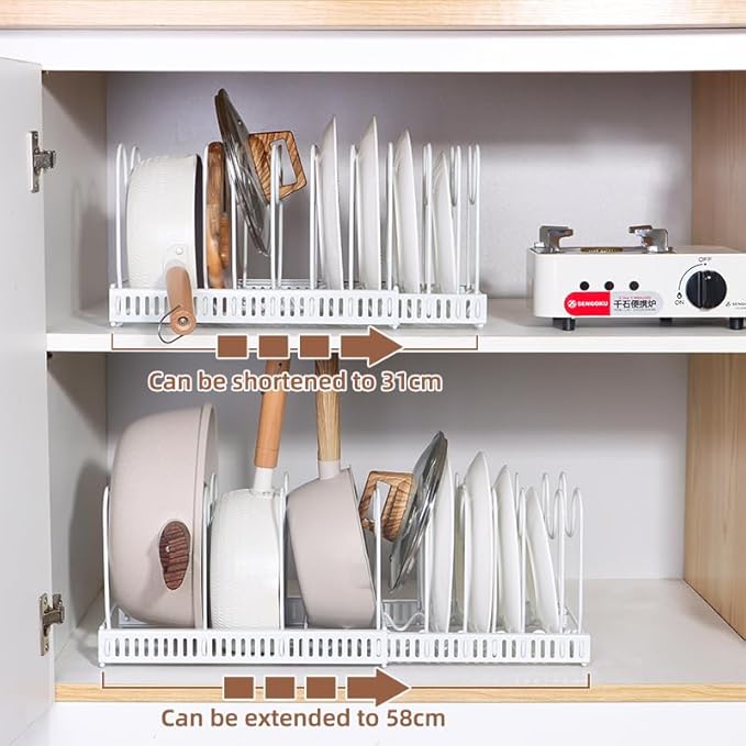 Expandable Pots and Pans Organizer Rack, Pot Lid Kitchen Cabinet Organizer Holder with 10 Adjustable Compartment, Cookware Rack for Kitchen Cabinet Storage, White