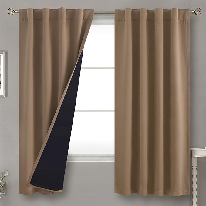 BGment Taupe 100% Blackout Curtains 63 Inches Long with Thermal Insulated Liner, Rod Pocket and Back Tab Double Layer Full Room Darkening Window Drapes for Bedroom, 2 Panels,Each 38 x 63 Inch