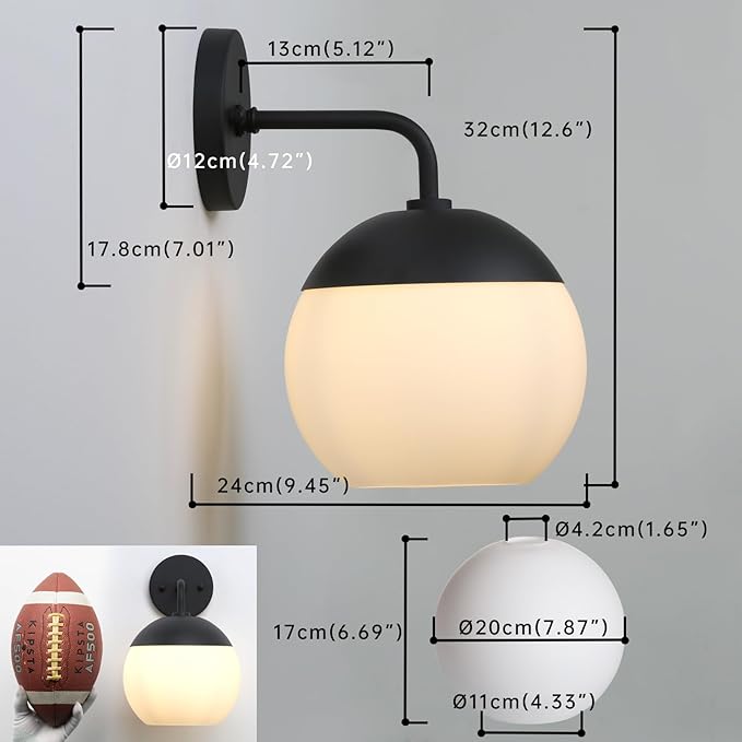 Modern Wall Sconce with Frosted Glass Globe Lampshade, Metal Base Industrial Wall Light Fixture, Indoor Wall Mounted Lamp for Vanity Bathroom Bedroom Living Room