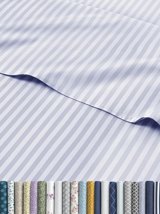 Sky Blue and White Striped Sheets - 1 Flat & 1 Fitted Sheet & 1 Pillowcase w/ Deep Pockets - Comfy, Wrinkle & Fade Resistant - Soft, Breathable & Cooling - Pinstripe Patterned Bedding - Twin Size