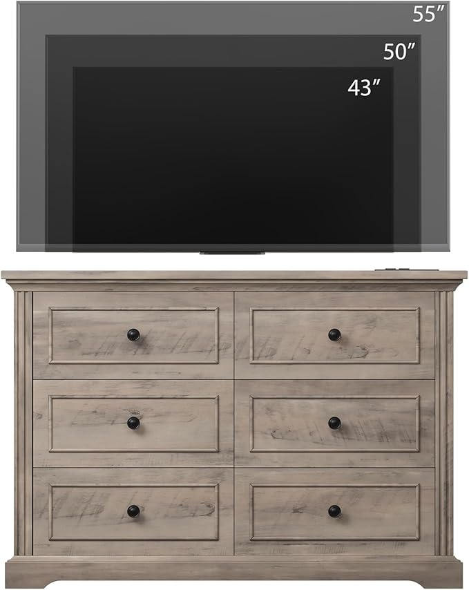 QUW Farmhouse 6 Drawer Dresser for Bedroom, 47" Wide Wood Chest of Drawers with Charging Station, Metal Handle, Modern Closet Clothes Storage Organizer for Living Room, Hallway, Entryway, Grey