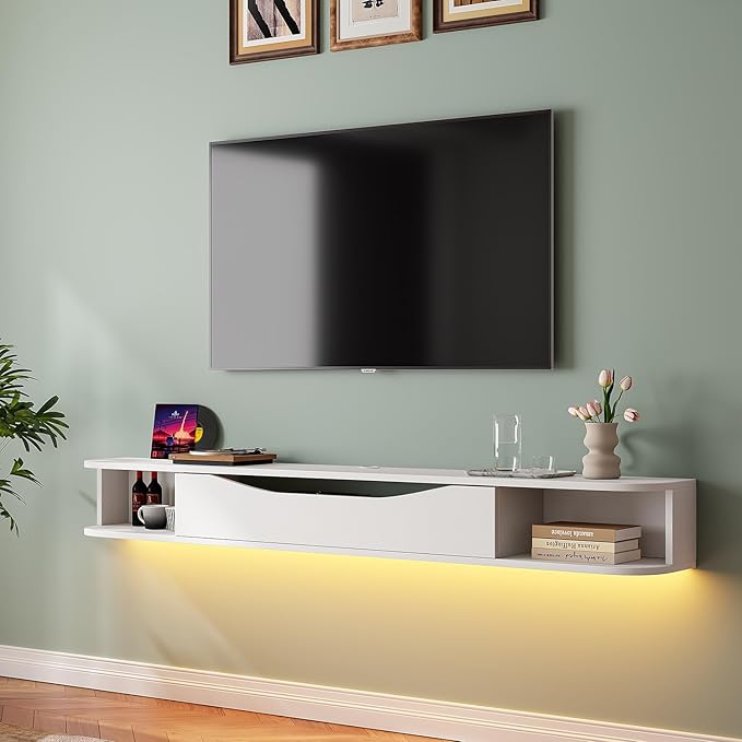 Floating TV Stand,78'' Wall Mounted TV Cabinet,Floating TV Console,Under TV Shelf with 1 Door and 2 Cabinets for TVs up to 78''(White)