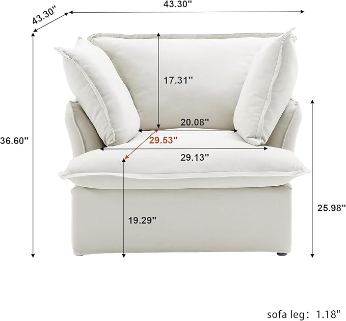 JACH 43" Modern Comfy Couch Chair with Thick Cushion, Couch Single Accent Chair Deep Seat Sofa Couches, Hemp Velvet Sofas Furniture for Small Spaces Living Room Bedroom Office Apartment (White)