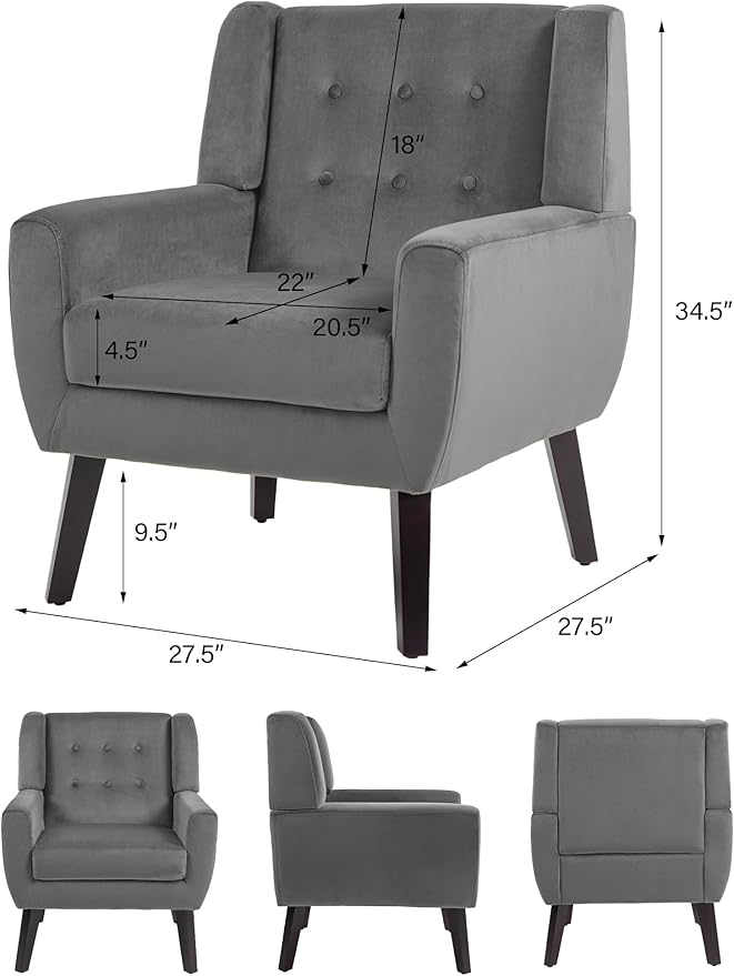 Accent Chair, Mid-Century Modern Velvet Fabric Chairs with Arms for Living Room, Comfy Upholstered Club Single Sofa Armchair for Bedroom Waiting Room with Solid Wood Frame (Velvet Grey, Set of 2)