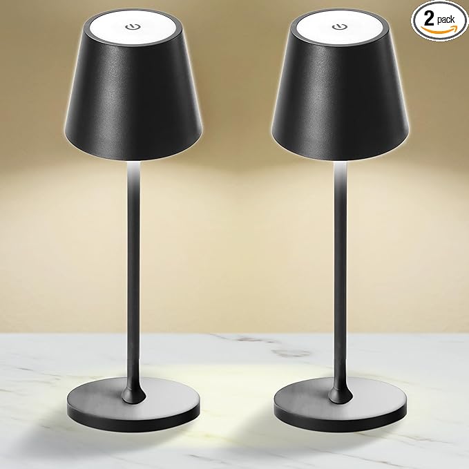 2 Pack Cordless Table Lamp,Portable LED Desk Lamp, 5200mAh Battery Operated, 3 Color Stepless Dimming Up, for Restaurant, Bedroom, Bars, Outdoor Party, Camping, Coffee Shop Night Light Black