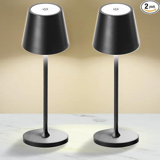 2 Pack Cordless Table Lamp,Portable LED Desk Lamp, 5200mAh Battery Operated, 3 Color Stepless Dimming Up, for Restaurant, Bedroom, Bars, Outdoor Party, Camping, Coffee Shop Night Light Black