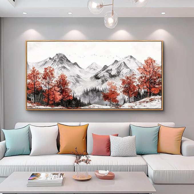 PHAOHUAXM Large Canva Wall Decor For Living Room Wood Framed Wall Art For Bedroom Office Murals Red Tree Ink-Wash Mountain Landscape Painting Pictures Modern Restaurant Room Home Decoration 30"X60"