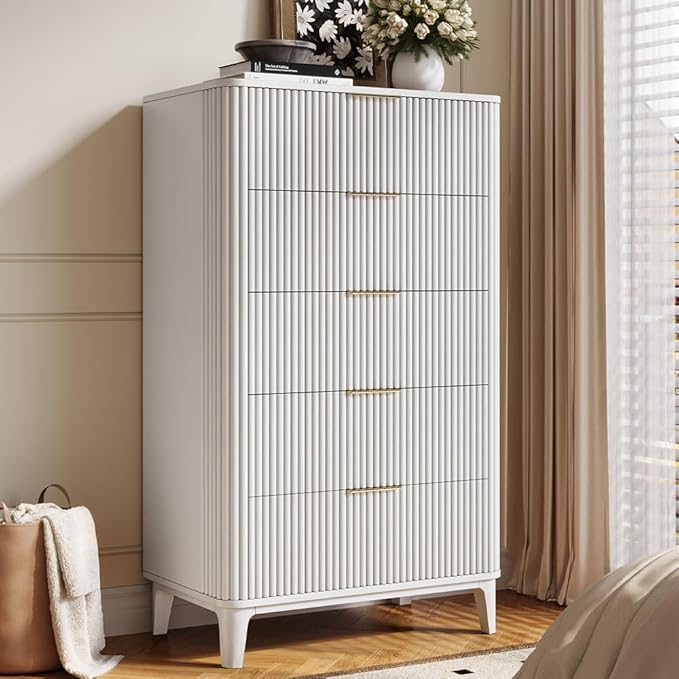 Fluted Dresser for Bedroom with 5 Drawers Set of 2, 45" Large Closet Clothes Wood Tall Dresser Storage Organizer, Mid Century Modern Chest of Drawers with Deep Storage White