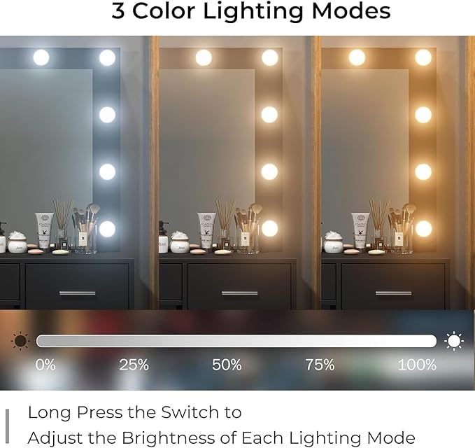 Vanity Desk with Power Outlet, 37''W Make Up Vanity with Lighting Mirror, 3 Lighting Modes Adjustable, 5 Drawers Dressing Table for Bedroom, Dressing Room, Live Broadcast Room, Black