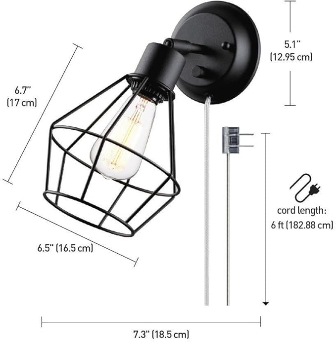 GLOBE Electric 65291 1-Light Plug-in or Hardwire Industrial Cage Wall Sconce, Matte Black Finish, On/Off Rotary Switch, 6ft Clear Cord, Wall Lights for Bedroom, Bulb Not Included