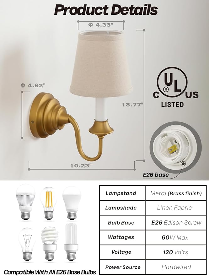 Vintage Fabric Wall Sconce Light with Curved Arm, Rustic Linen Cloth Wall Light Fixtures, Hardwired Brass Wall Mounted Lamp for Bathroom Vanity Bedroom Living Room
