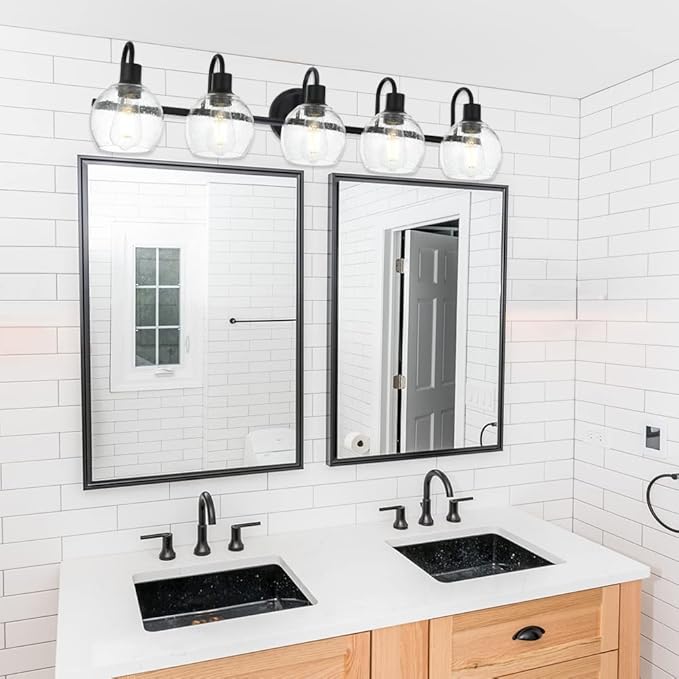5-Lights Black Bathroom Vanity Light Fixtures Over Mirror, Modern Vanity Wall Sconce Lighting with Globe Seeded Glass Lampshades for Bedroom Kitchen Hallway