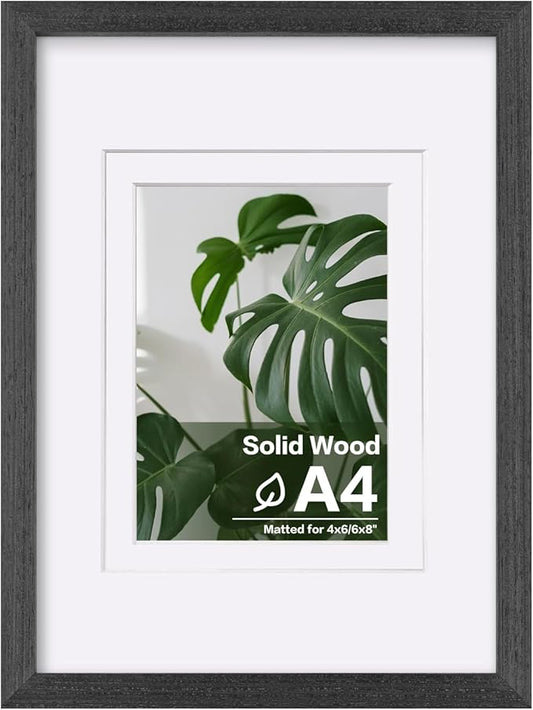 Egofine A4 Picture Frame Made of Solid Wood with Plexiglass, Display Pictures 4x6/6x8 with Mat or A4 Without Mat for Tabletop and Wall Mounting, Rustic Black