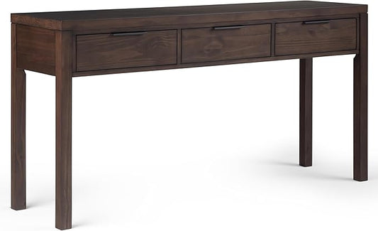 SIMPLIHOME Hollander Console Table - 60 Inch Wide Solid Wood Sofa Table in Warm Walnut Brown, Contemporary Storage Table for Entryway or Living Room with 3 Drawers and Sleek Metal Hardware