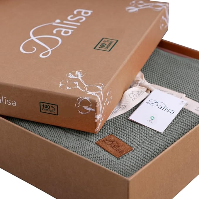 Dalisa 100% Organic Turkish Cotton Throw Blanket - GOTS Certified, Cozy - Perfect for Couch, Bed, and Home Decor - Boho Vintage Knit Alina (Green, 50x60)