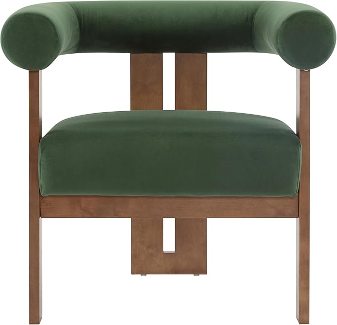 Christopher Knight Home Modern Velvet Upholstered Accent Chair for Living Room, Home Office, Apartment, Arm Chair with Curve Backrest and Birch Wood Legs, Three Legs Structure, Forest Green and Brown