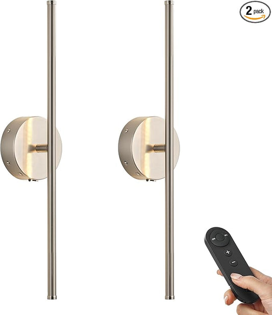 Battery Operated Wall Sconces with Remote Control, Dimmable Wall Sconces Set of Two, 350°Rotate, 3000K LED Nickel Wireless Wall Light for Living Room, Bedroom, Hallway, 20.4 Inch (2 Pack)