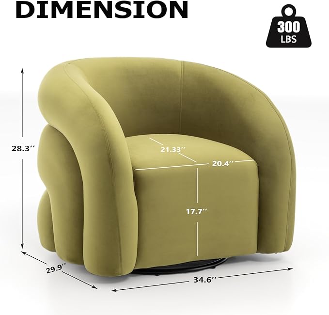 34.6" Velvet Swivel Accent Chair, Modern Round Armchair for Living Room,Upholstered Comfy Sofa Barrel Chairs for Bedroom Reading Apartment Lounge,Fully Assembled(Grass Green)