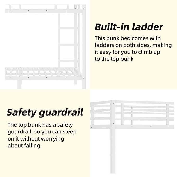 Full Over Full Bunk Bed Frame, Heavy Duty Metal Loft Bed for Adults/Teens, 350/500LB Capacity w/Ladder & Guardrail, Noise-Free Steel Slats, No Box Spring Required, White