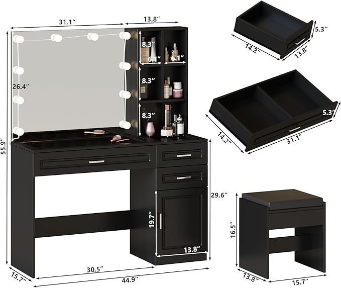 Vabches Vanity Desk with Lights and Mirror,Black Makeup Desk with 3 Drawers & Storage Cabinet & Shelves,Glass Top Vanity Table Set with 3 Lighting Modes Adjustable Brightness