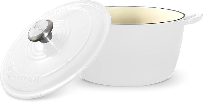 Signature Enameled Cast Iron Dutch Oven, Non-Stick Serving Pot with Tight Fitting Lid for Perfect Roasting, Baking, Sauteing, and Bread Making | 10Q (9.5L) - White