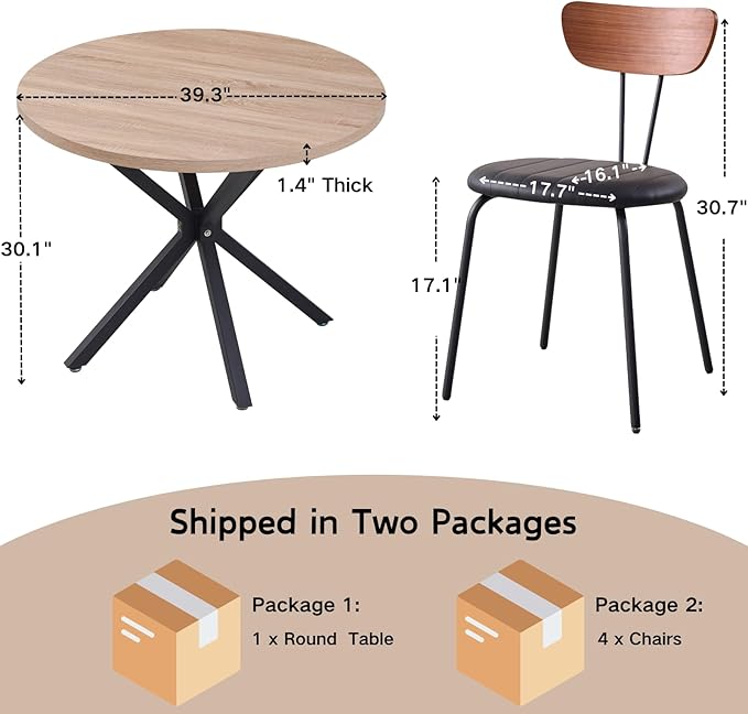 39" Round Dining Table Set for 4, Mid Century Kitchen Table with 4 Stackable Dining Chairs for Apartment Living Room Space Saving