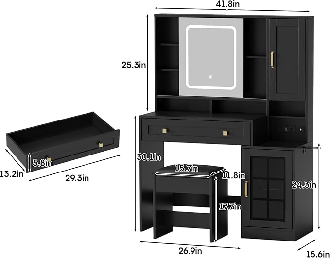 Vabches Vanity Desk with Sliding Mirror and Lights, 41.8'' Black Makeup Vanity Table with Jewelry Storage & Charging Station, Stool, Large Drawer, Visual Cabinet, 3 Lighting Modes, Adjustable Shelves