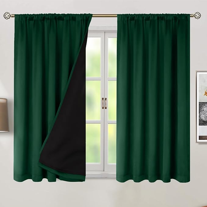 BGment Thermal Insulated Curtains 54 Inches Long with Liner, 100% Blackout Double Layer Noise Reduce Room Darkening Rod Pocket and Back Tab Curtains for Bedroom (52 x 54 Inch, 2 Panels, Emerald)