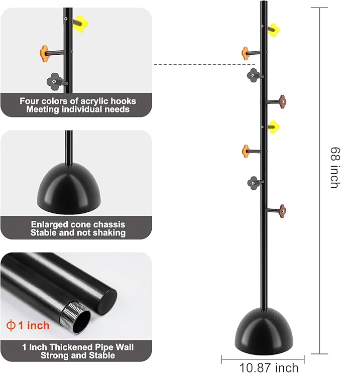 Metal Coat Rack Stand with Ball Base, Modern Coat Rack Freestanding, Heavy Duty Coat Racks with 8 Acrylic Hooks, Coat Hall Tree Hanger Stand for Entryway, Office