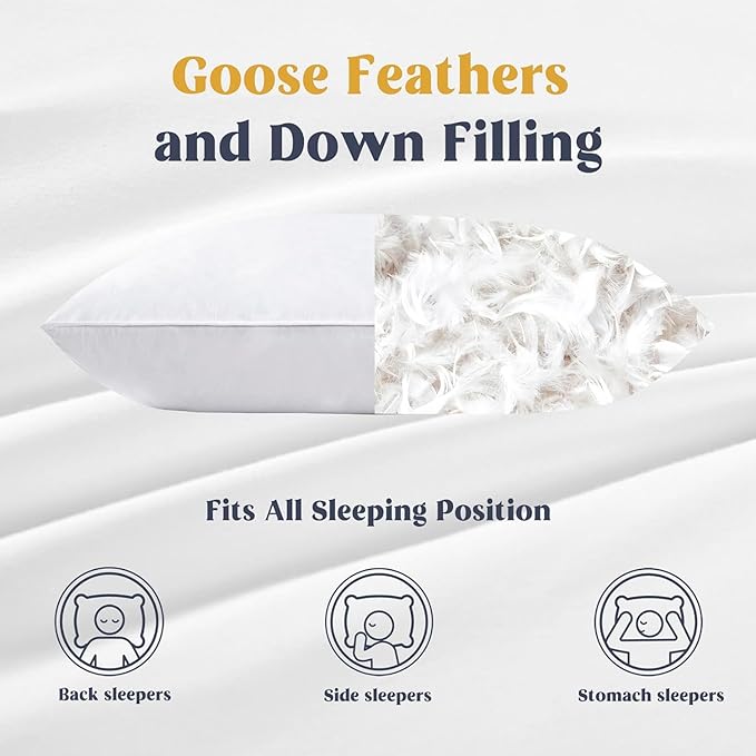 puredown® Goose Feathers and Down White Pillows with 100% Soft Cotton Cover, Bed Sleeping Hotel Collection Pillows Set of 2 Queen Size